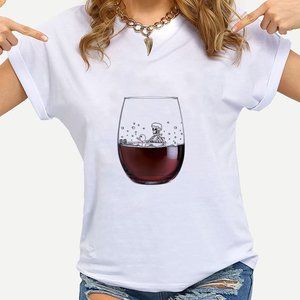 Wine Lady Print Funny T Shirts Casual Short Sleeve